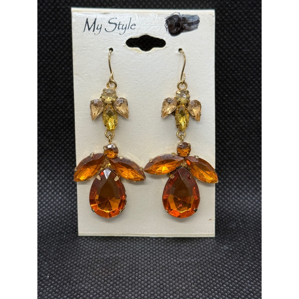 My Style Amber Topaz Crystal Dangle Drop Earrings Gold Tone Autumn Statement